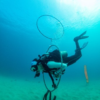 Divers practicing buoyancy testing underwater in Kauai, Hawaii.
